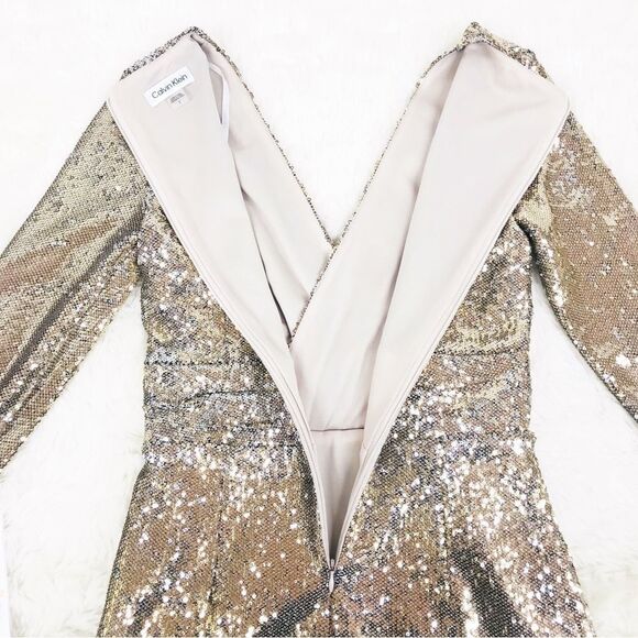 CALVIN KLEIN Gold Sequin Cocktail Dress Knee Length Faux Wrap Party Size 4 6 New - Picture 8 of 10